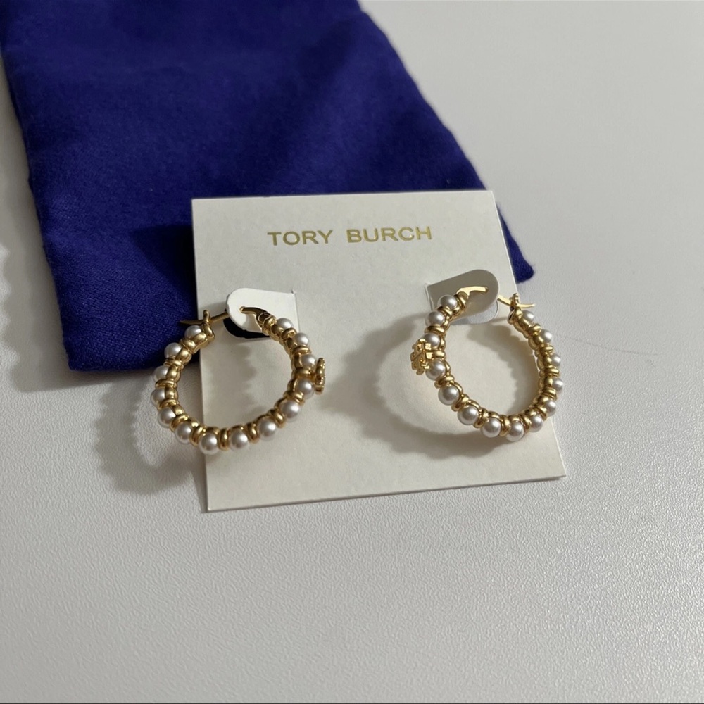 Tory Burch Elegant Gold and Pearl Hoop Earrings